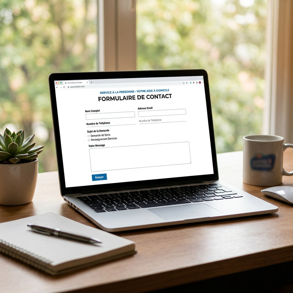 Laptop showing French text: «Service à la personne - votre aide à domicile», «Formulaire de contact», «Nom complet», «Adresse Email», «Numéro de Téléphone», «Sujet de la Demande», «Demande de Devis», «Renseignement Services», «Votre Message», «Envoyer».